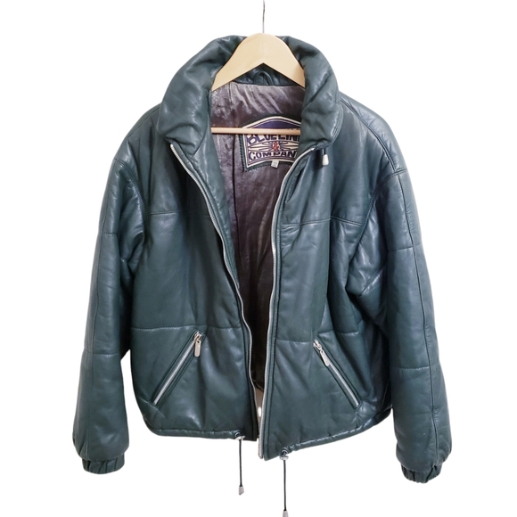 Vintage Unisex Hunter Green Leather Puffer Zip Up Boxy Jacket, Size M - Picture 2 of 10